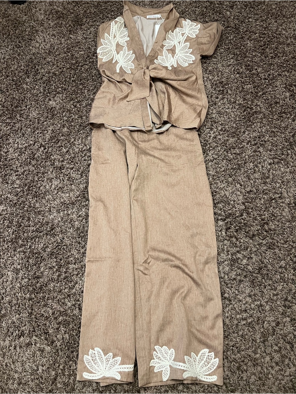 Embroidered Tan Maxi pants  set with White Floral Accents